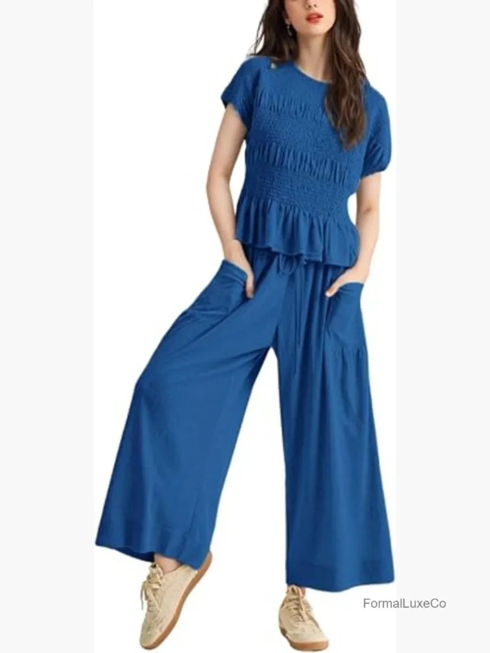 2 Piece Smocked Top Wide-Leg Pants Set Lounge Outfit with Pockets Matching Set